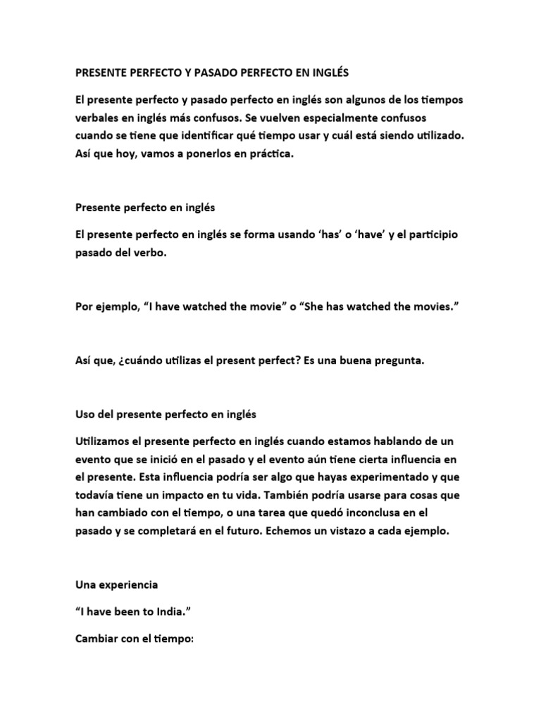 Presente y Pasado Perfecto en Inglés | PDF | Idioma en Inglés | Verbo