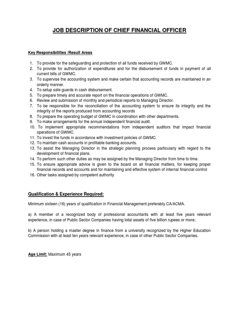 Job Description of Chief Financial Officer: Key Responsibilities ...