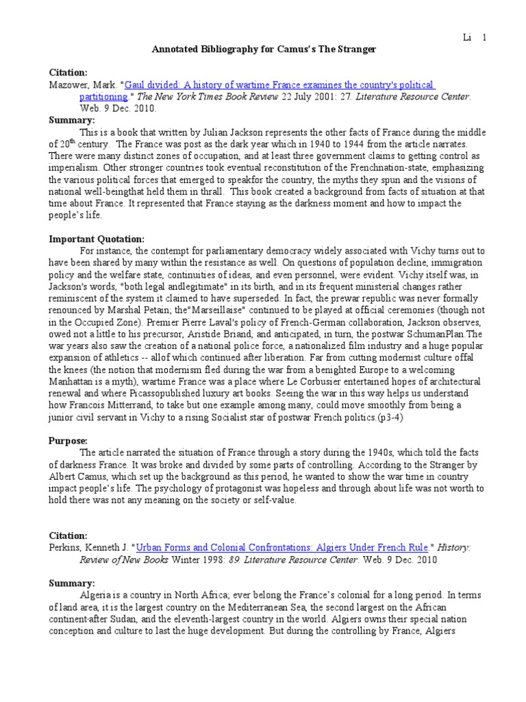 Annotated Bibliography For Camus S The Stranger Existentialism Albert Camus