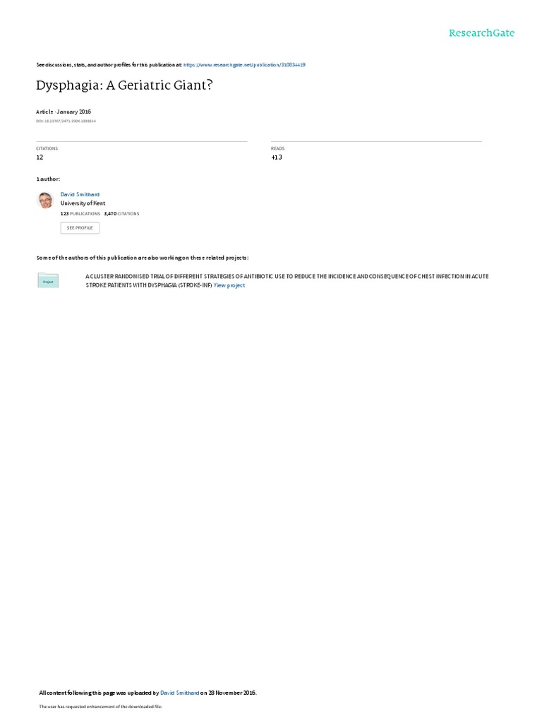 Dysphagia A Geriatric Giant January 2016 Pdf Diseases And