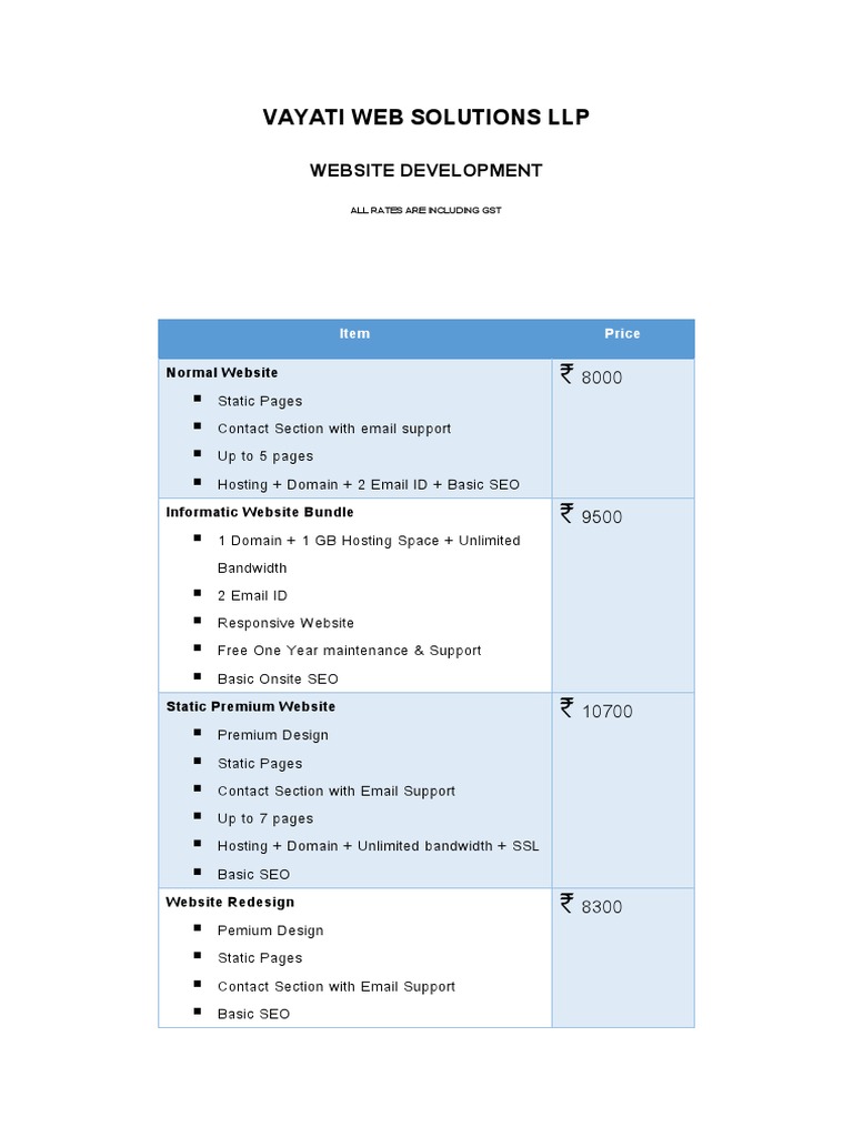 Vayati Website Development Pricing | PDF