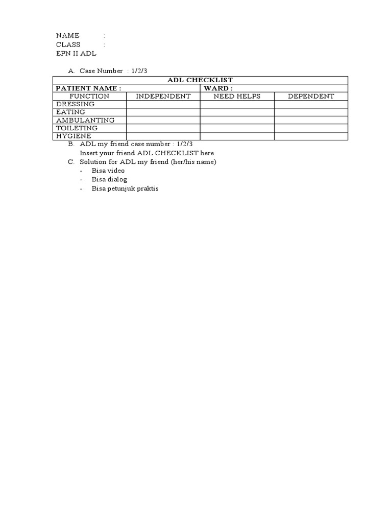 Adl Checklist | PDF | Wellness | Science & Mathematics