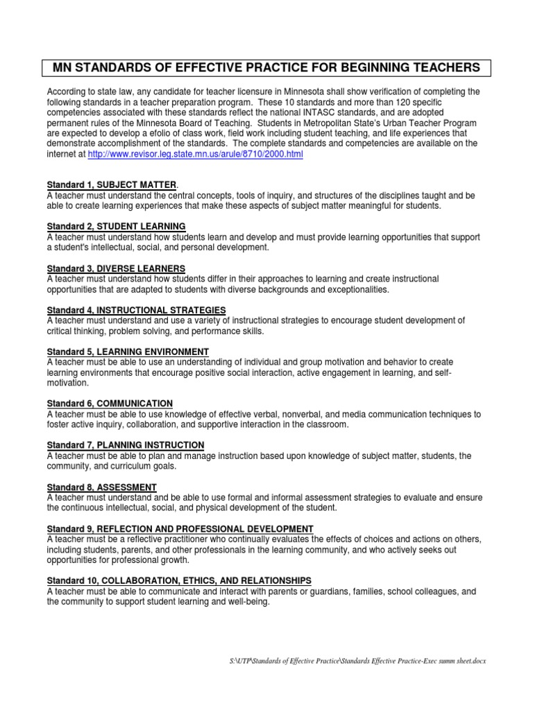 Utp MN Standards Effective Practice | PDF | Teachers | Learning
