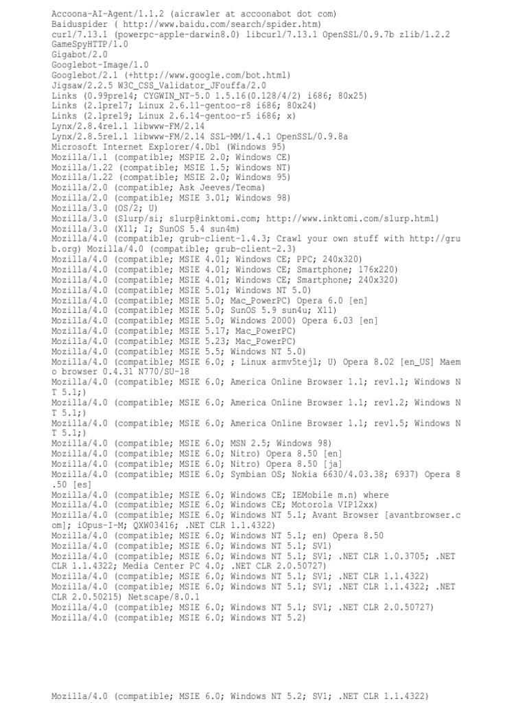 Comprehensive User Agent List | PDF | Safari (Web Browser) | Internet ...