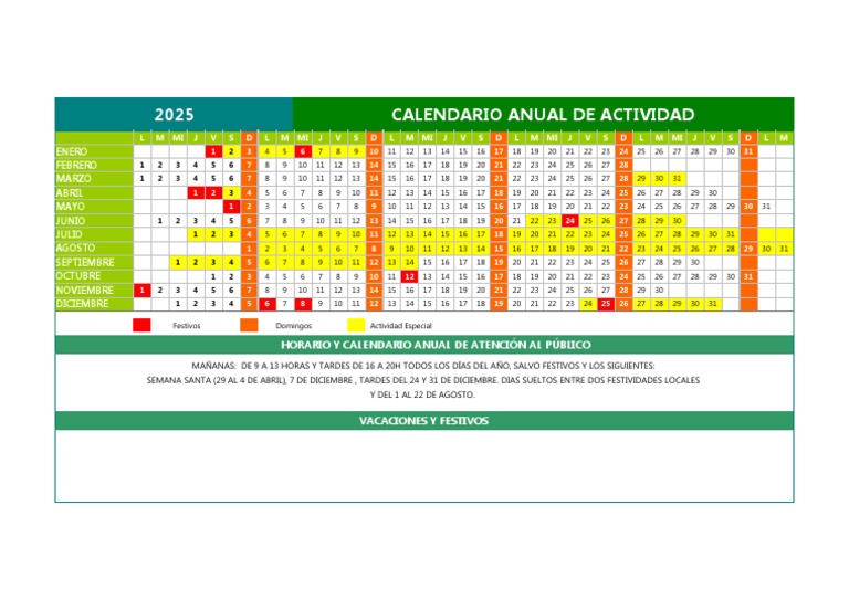 Calendario anual 2025 Horario de atención al público y días festivos