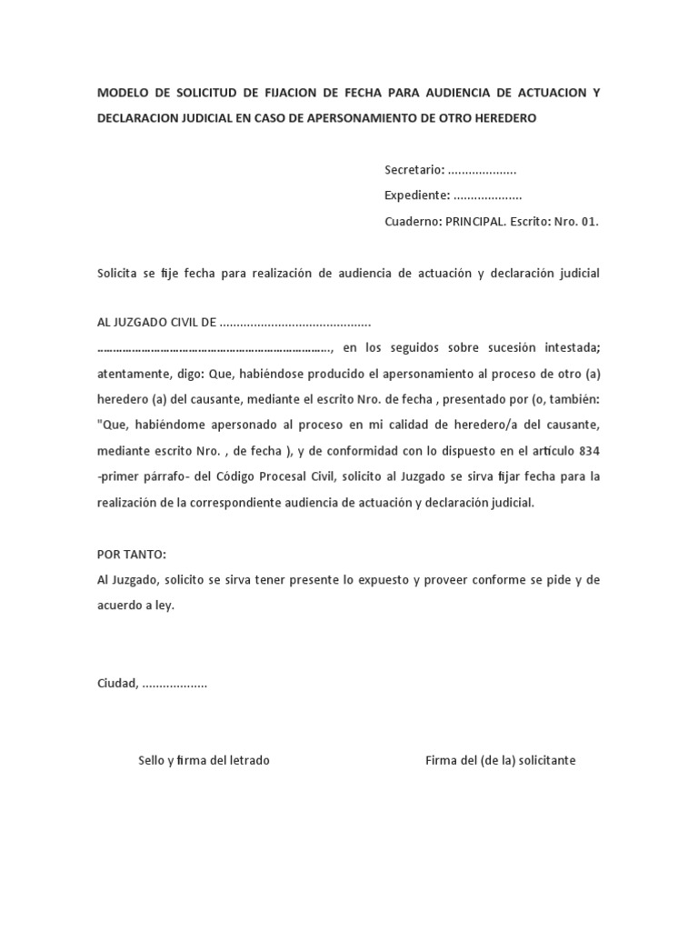 Modelo de Solicitud de Fijacion de Fecha para Audiencia de Actuacion y  Declaracion Judicial en Caso de Apersonamiento de Otro Heredero | PDF