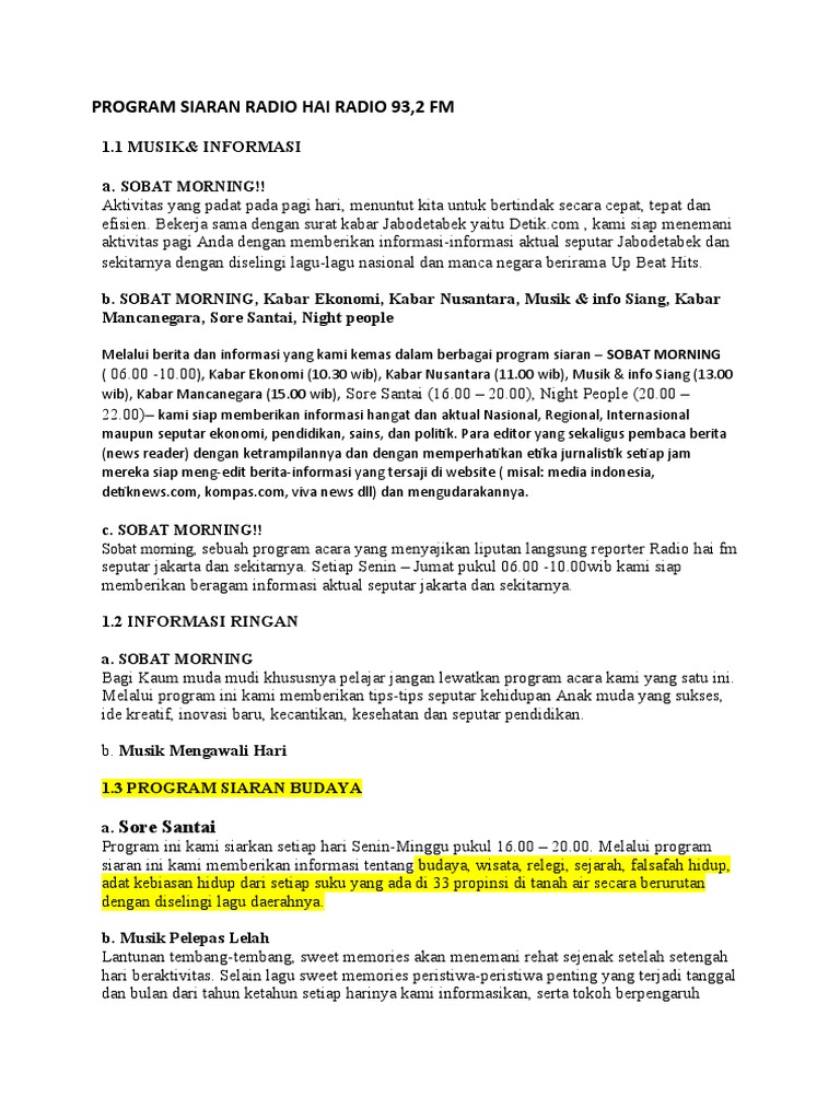 Program Siaran Radio Hai 93,2 FM | PDF