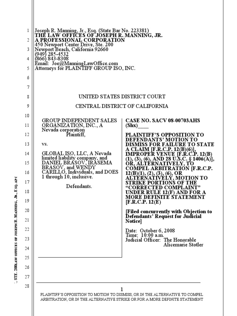 Plaintiff's Opposition To Motion To Dismiss 9.18 Test PDF Complaint Federal Rules Of Civil