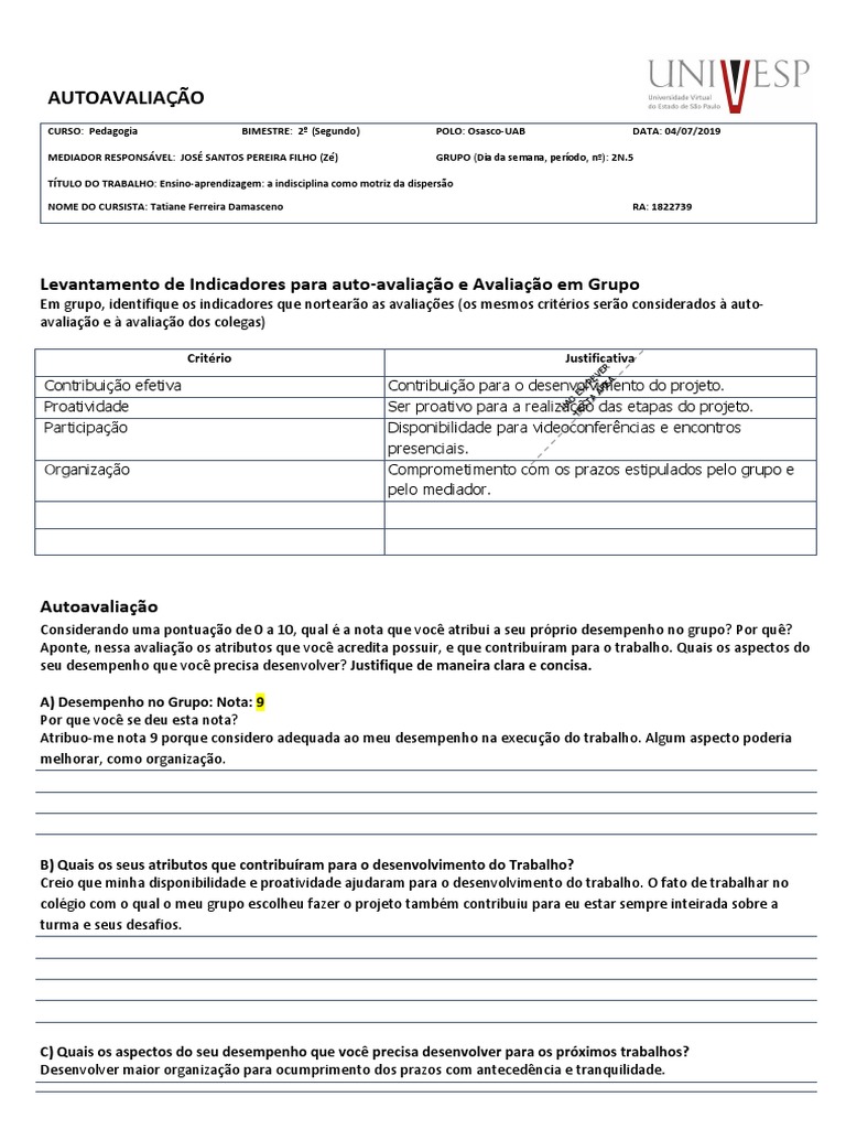 Autoavaliação no Curso de Pedagogia | PDF