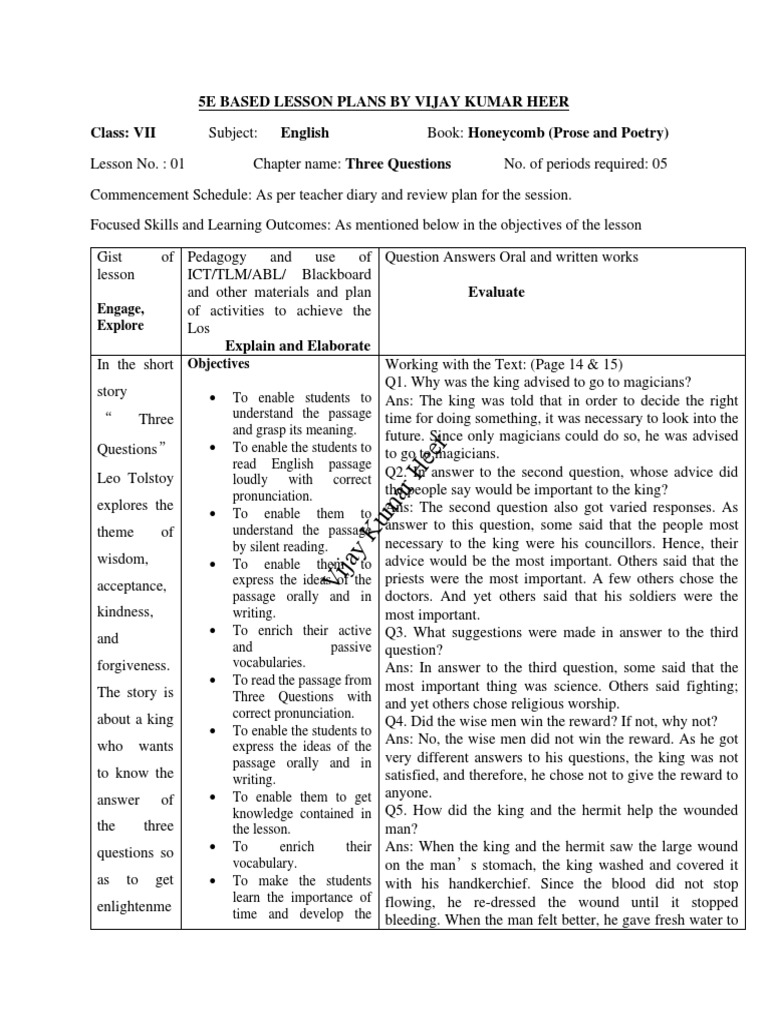 Class 7 English Lesson Plan: Three Questions | PDF | Educational ...
