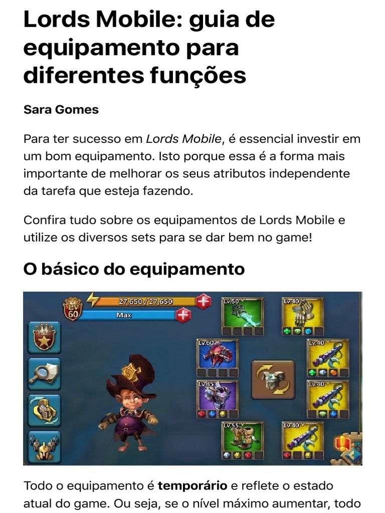 Lords Mobile: Guia de Equipamentos e Sets para Diferentes Funções, PDF, Lazer