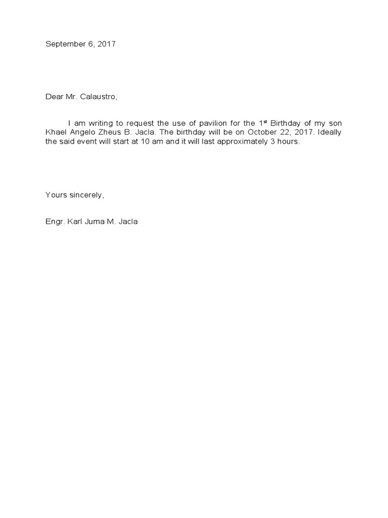Letter of Permission To Use The Pavilion | PDF