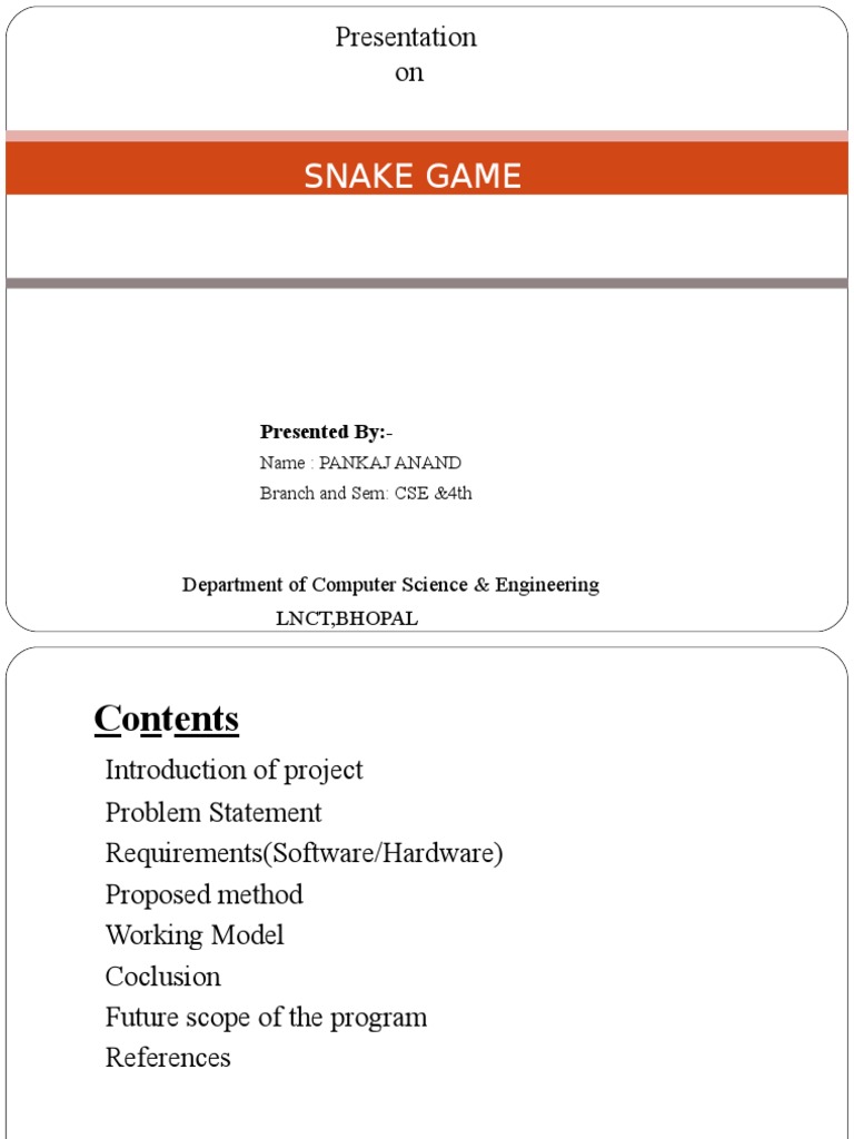 Snake Game: Presentation On | PDF | Menu (Computing) | Computer Program