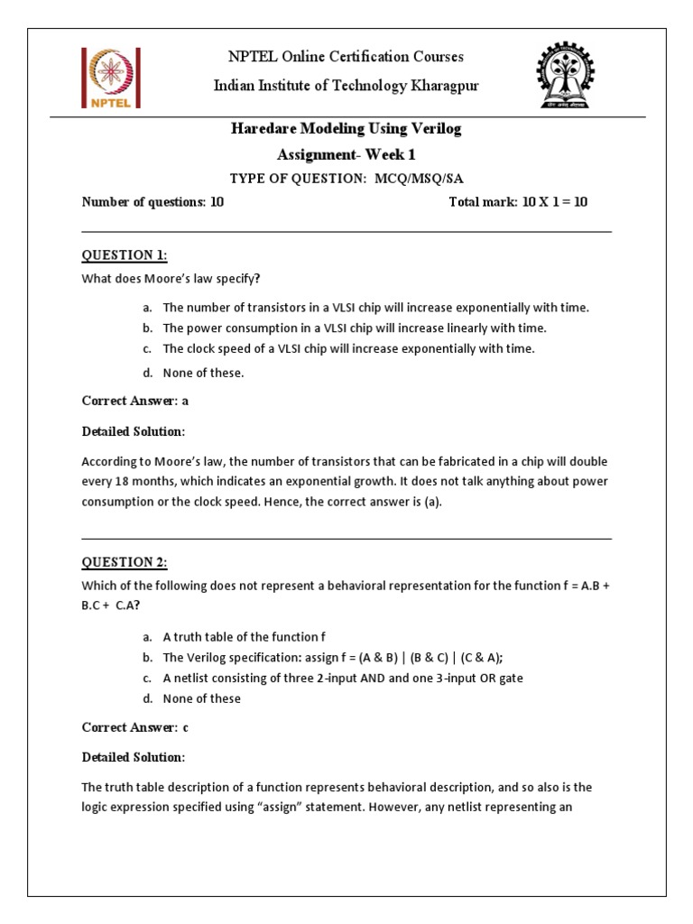 Assignment Solution Week1 PDF | PDF | Field Programmable Gate Array |  Integrated Circuit