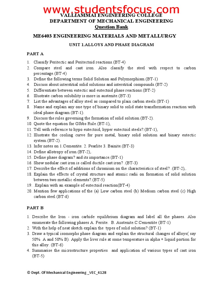 ME6403-Engineering Materials and Metallurgy | PDF | Heat Treating | Steel