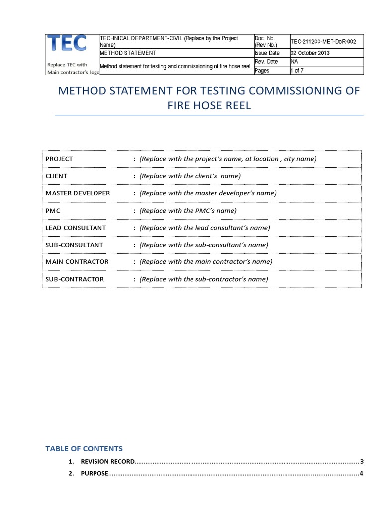 Fire Hose Reel Testing Method Statement | PDF | Valve | Mechanical ...