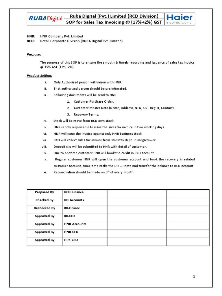 SOP for 19% GST Sales Tax Invoicing | PDF | Finance & Money Management