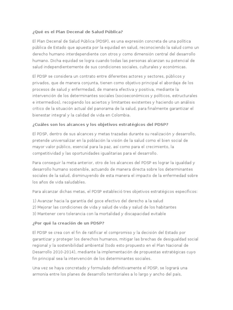 Qué Es El Plan Decenal De Salud Pública Pdf Salud Mental