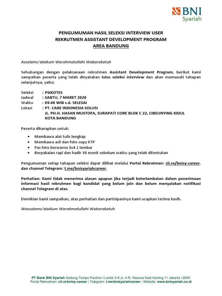 Pengumuman Hasil Seleksi Interview ADP Area Bandung PDF | PDF