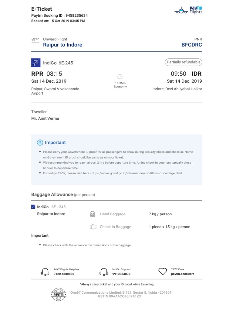 Raipur To Indore BFCDRC: Indigo 6E-245 | PDF | Fee | Airlines