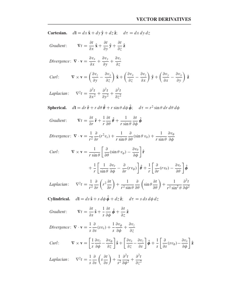 Vector Derivatives and Identities Guide | PDF | Divergence ...