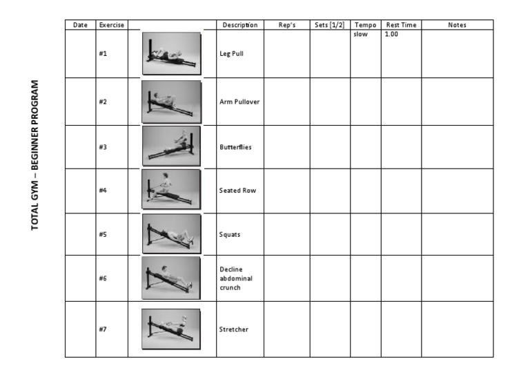 Beginner Total Gym Workout Sheet | PDF for Free Printable Total Gym Exercise Chart