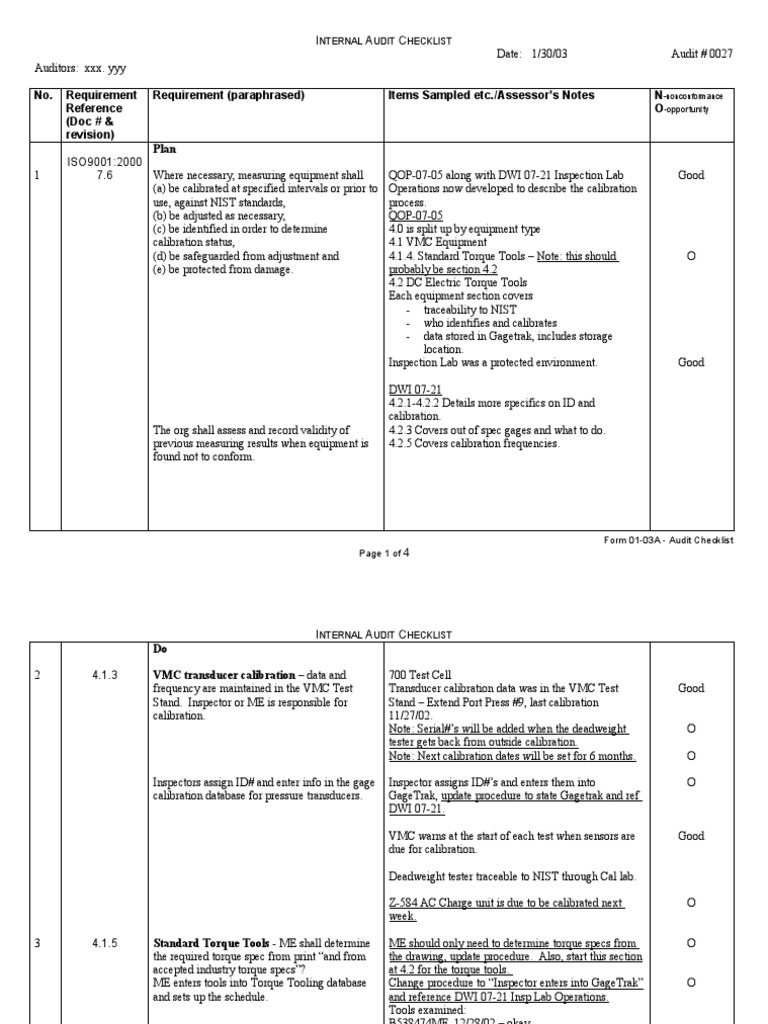 Audit Checklist Sample PDF Calibration Evaluation