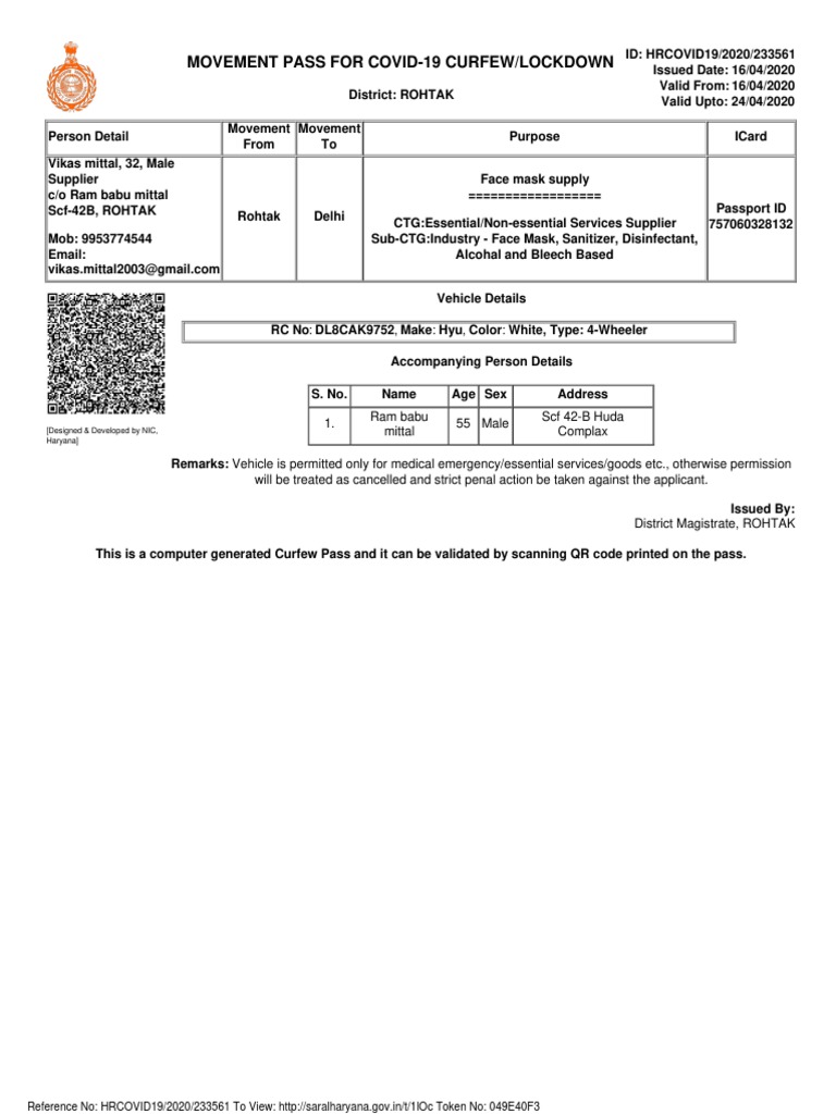 COVID-19 Curfew Pass Rohtak-Delhi | PDF