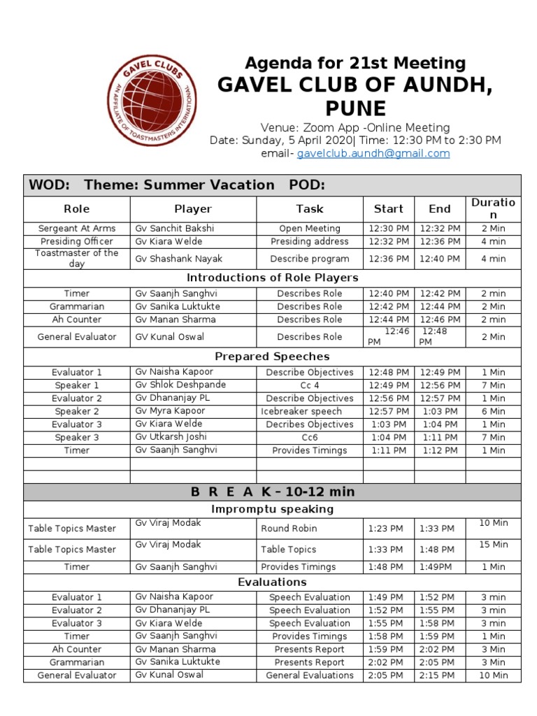 Gavel Club Aundh Agenda 5th April 20 PDF Communication Cognition