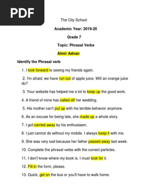 grade 7 english phrasal verbs identification worksheet 1 completed pdf