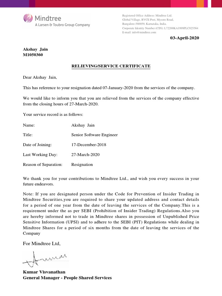 Mindtree Relieving Certificate for Akshay Jain | PDF | Career & Growth