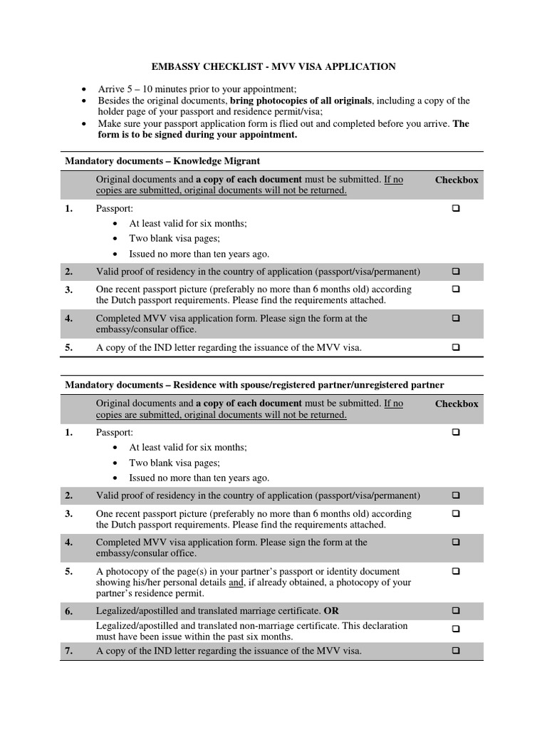 Embassy Checklist - MVV Visa Application | PDF | Travel Visa | Passport
