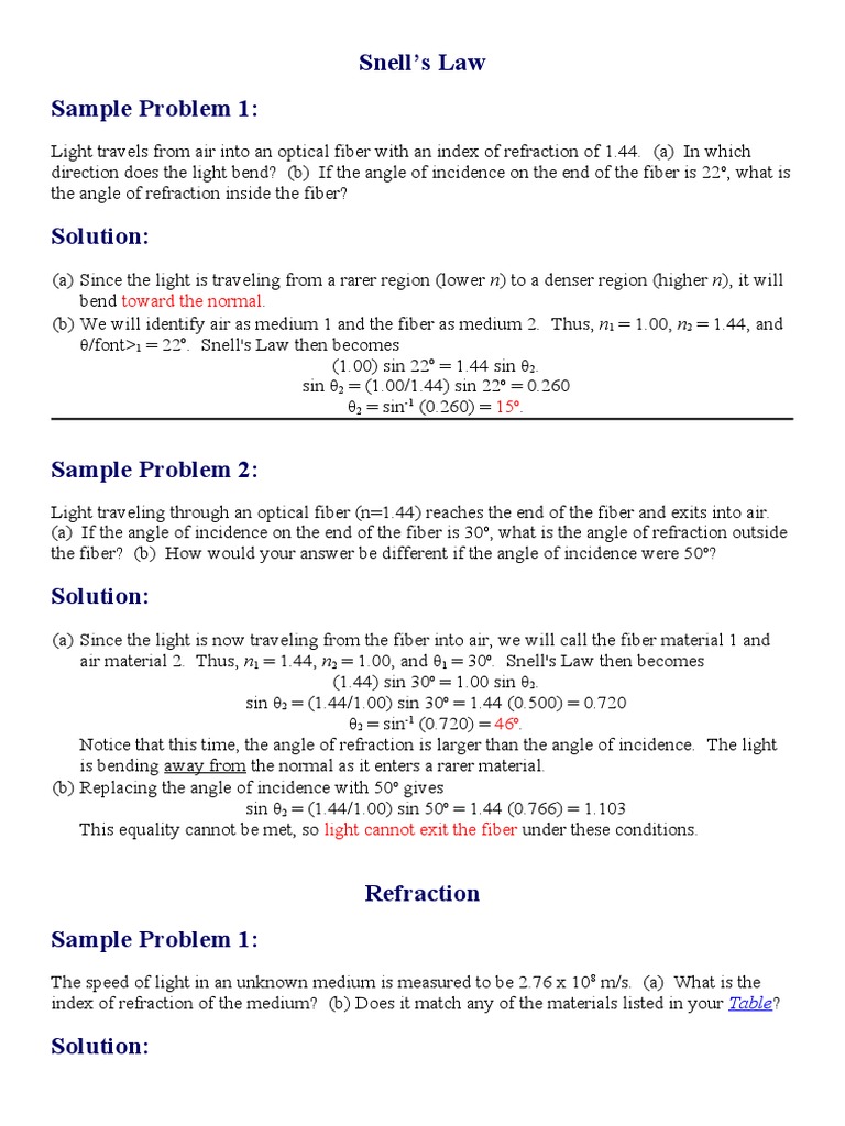 Snell's Law Sample Problem 1 Toward The Normal PDF Refraction