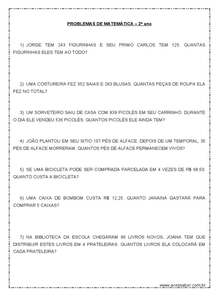 Problemas de Matemática para 2º Ano | PDF