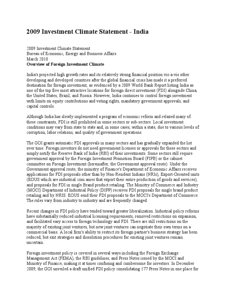 2009 Investment Climate Statement India PDF Foreign Direct