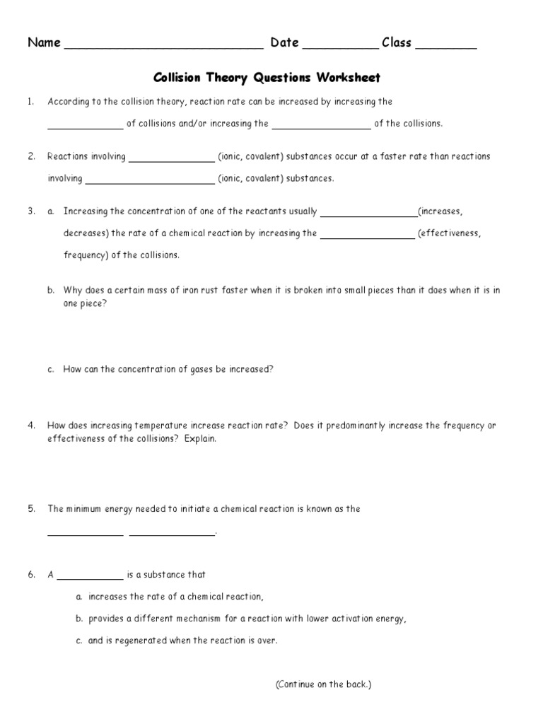 Collision Theory Questions Worksheet | PDF | Reaction Rate | Chemical  Reactions