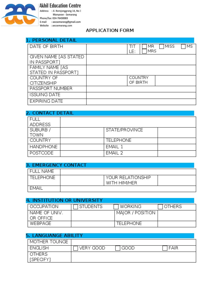 AEC Semarang Program Application Form | PDF | Travel Visa | Passport
