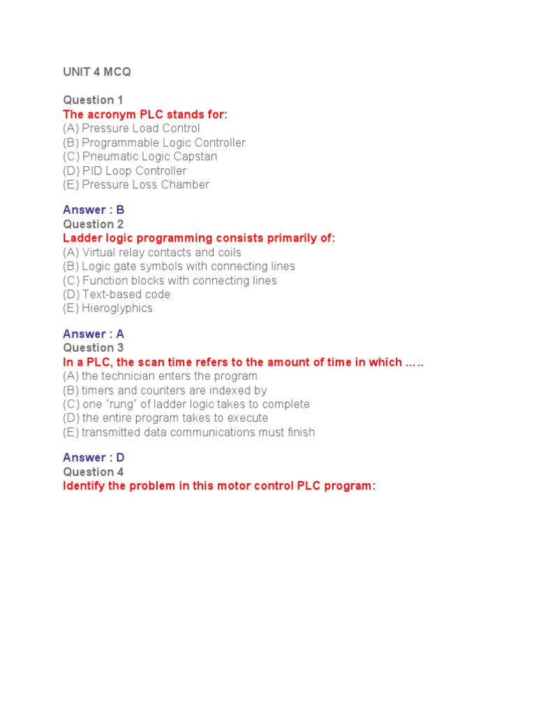 The Acronym PLC Stands For Unit 4 MCQ PDF Programmable Logic