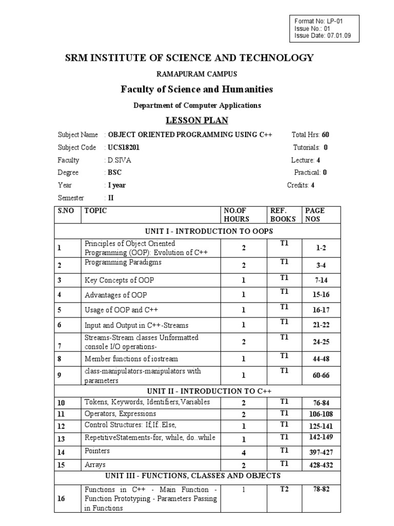 C++ Lesson Plan | PDF | C++ | Object Oriented Programming