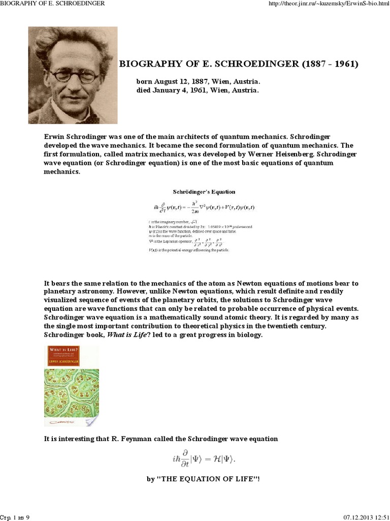 Biography of E. Schroedinger (1887 - 1961) | PDF | Wave Function ...