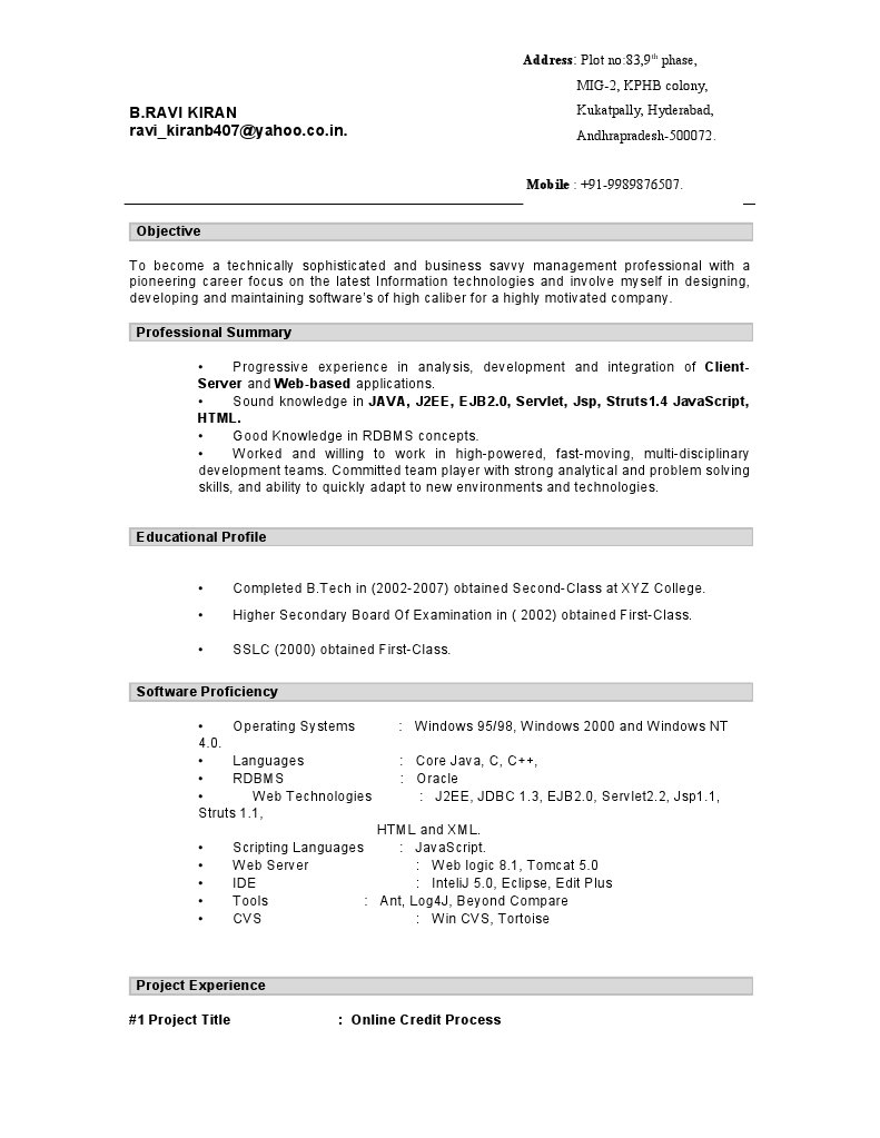 Software Developer Resume of B. Ravi Kiran | PDF | Java Platform | Java ...