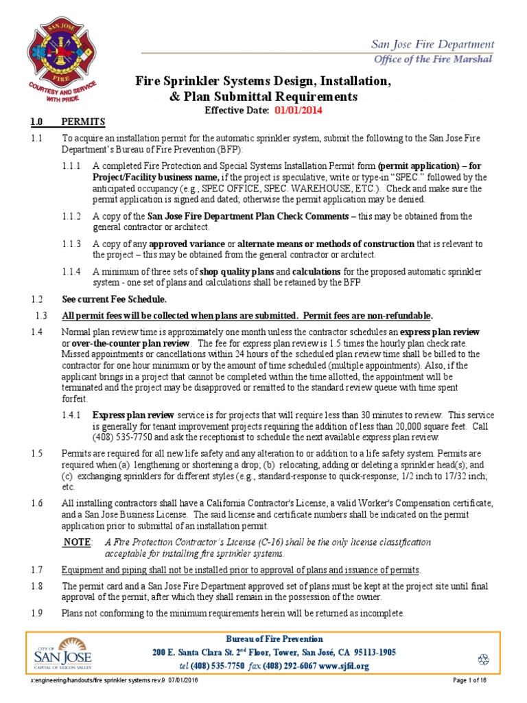 Fire Sprinkler Systems Design, Installation, & Plan Submittal