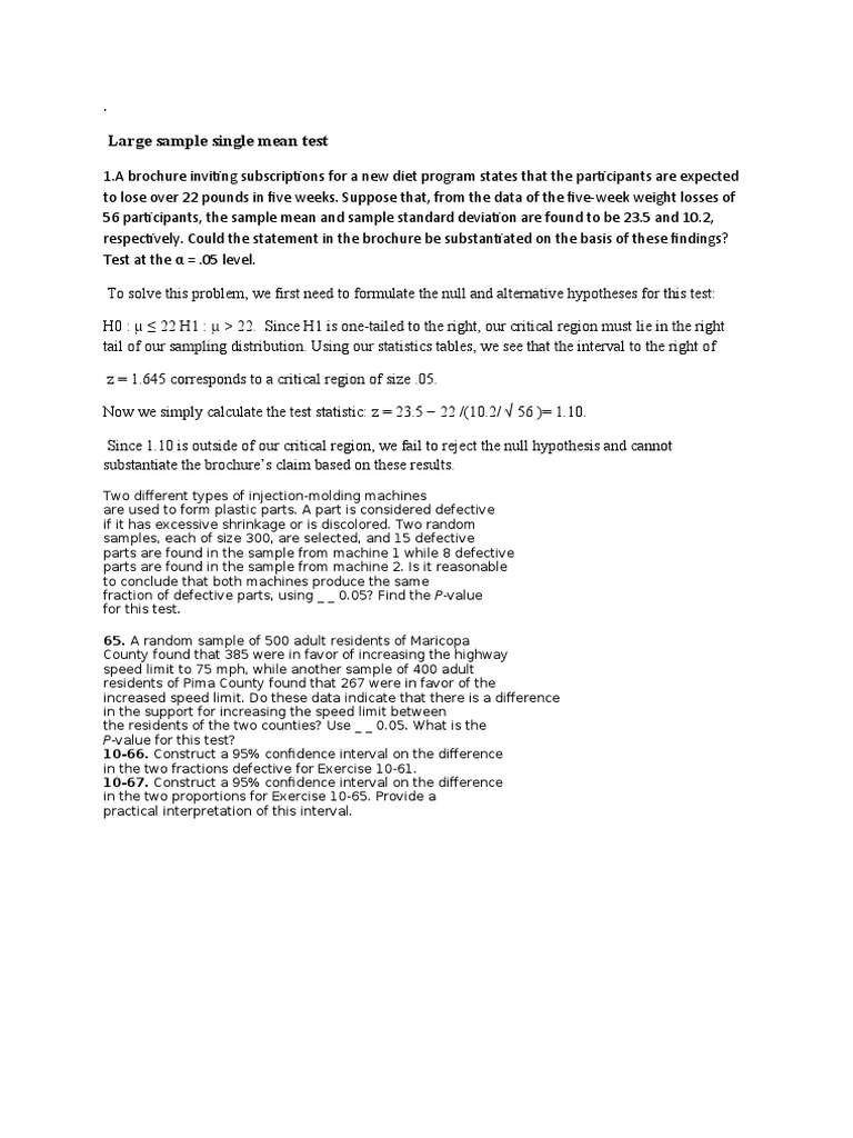 Large Sample Single Mean Test: 65. A Random Sample of 500 Adult ...