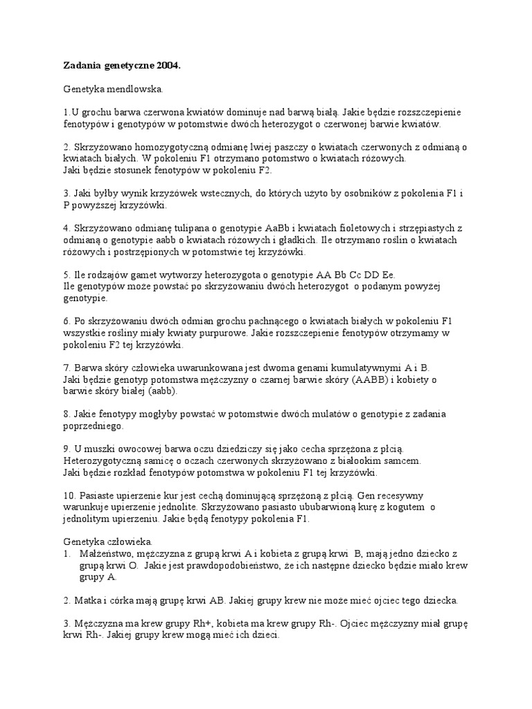 Krzyżówki Genetyczne Zadania Klasa 8 Pdf
