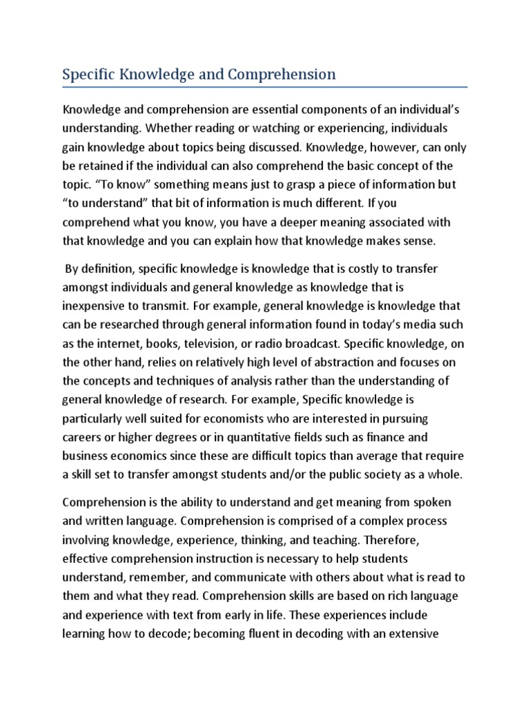 Specific Knowledge and Comprehension Explained | PDF | Reading ...