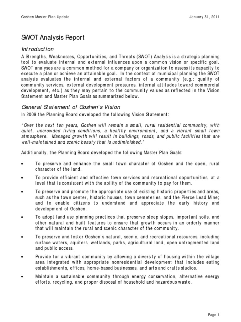 Goshen Master Plan SWOT Analysis | PDF | Swot Analysis | Strategic Planning