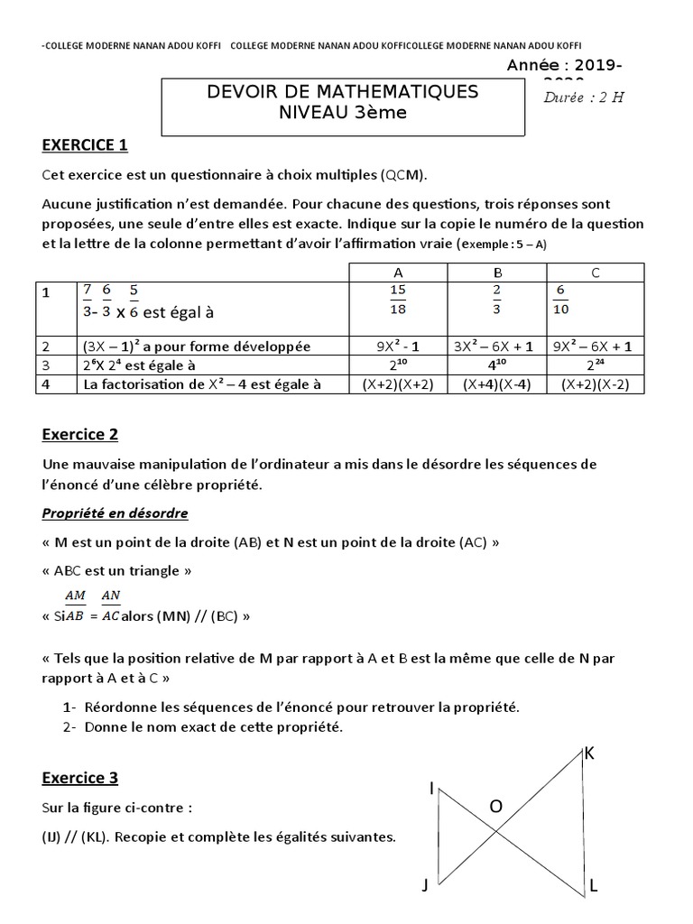 Devoir de maths 3ème corrigé PDF Algèbre générale Algèbre — free download