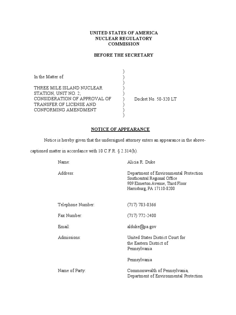 PA DEP Brief To NRC Regarding License Transfer of Radioactive Three