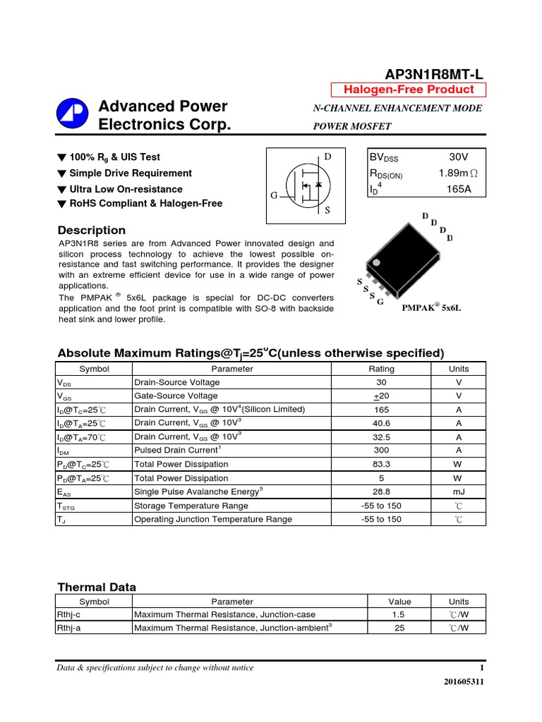 AP3N1R8MT-L Datasheet Package | Field Effect Transistor | Diode | Free ...
