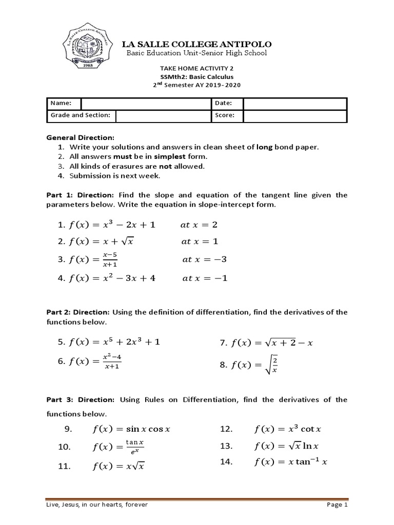 Slope and Equation of Tangent Lines and Differentiation | PDF ...